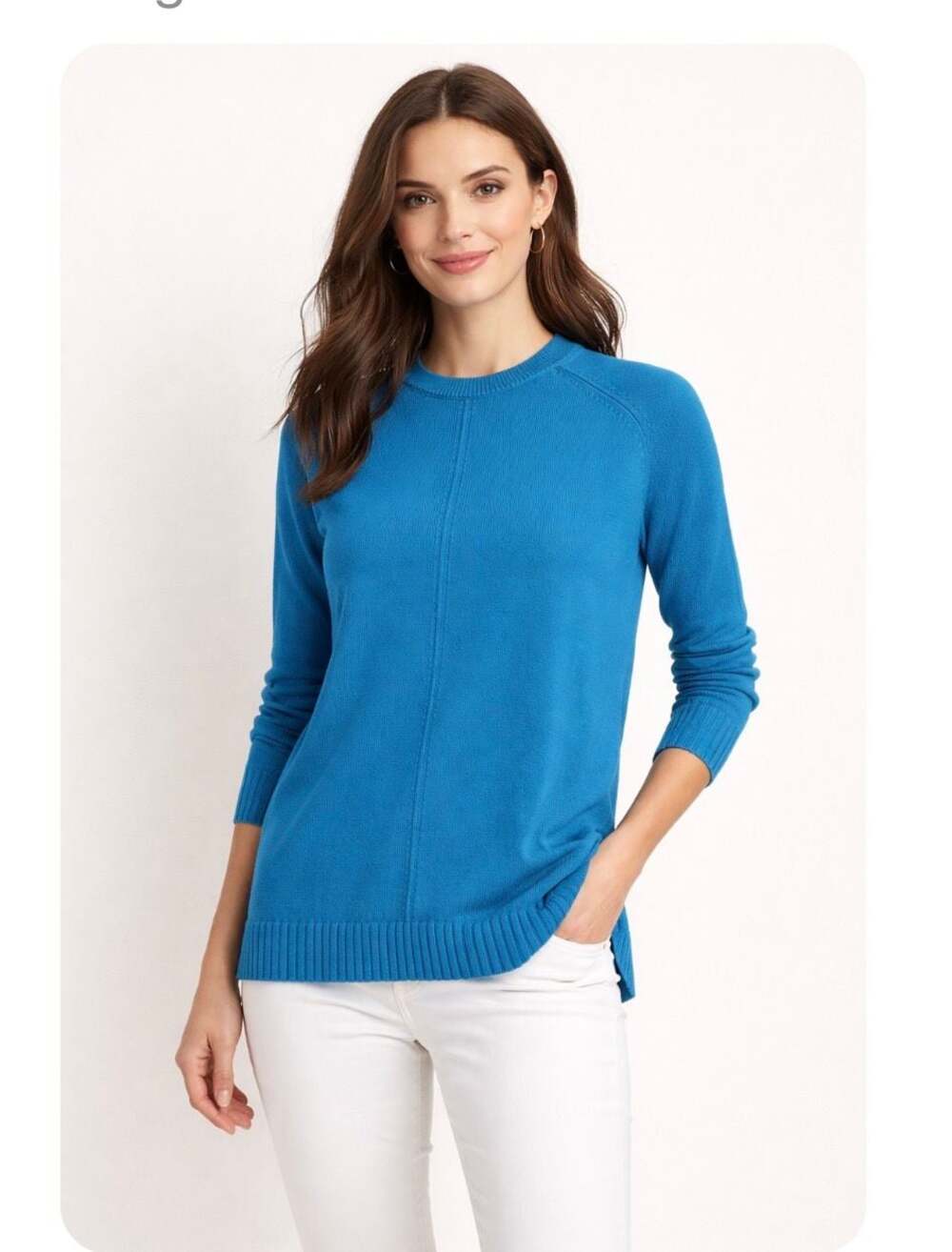 Talbots Petite Blue Ribbed Crewneck Long Sleeve Sweater with Center Seam